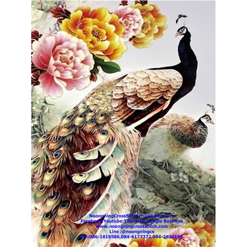 นกคู่ดอกโบตั๋น ชุดปักครอสติช พิมพ์ลาย ครอสติสจีน งานฝีมือ DIY