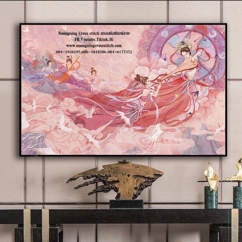 หญิงจีนโบราณกับเครื่องดนตรี ชุดปักครอสติส พิมพ์ลาย ครอสติสจีน งานฝีมือทำที่บ้าน DIY