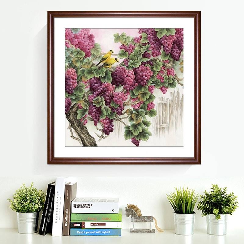 พวงองุ่นแดง นกคู่ ชุดปักครอสติส พิมพ์ลาย ครอสติสจีน งานฝีมือทำที่บ้าน DIY