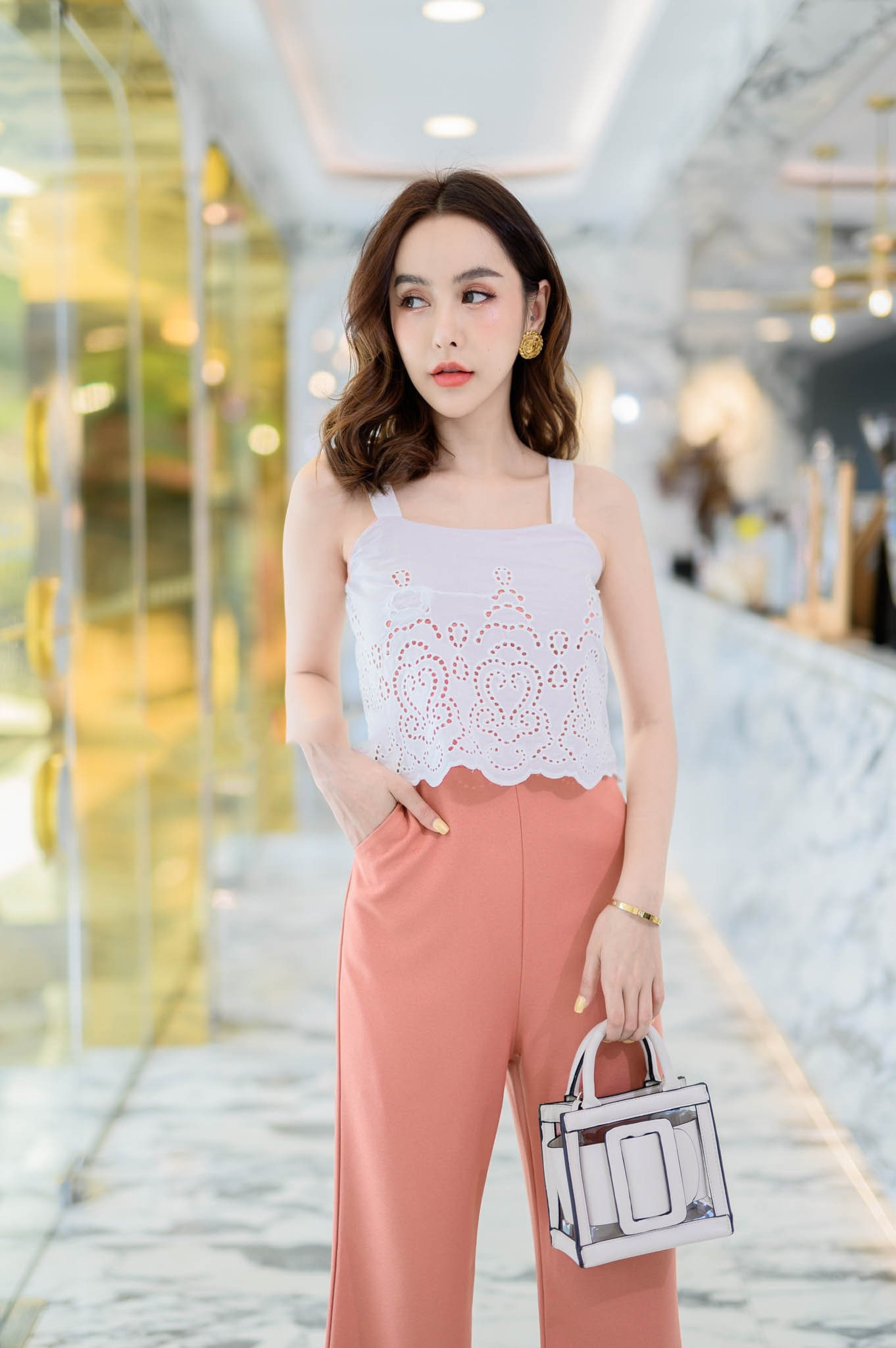 JS00106 จั๊มสูทขายาว จั๊มสูทสายเดี่ยว จั๊มสูทลูกไม้ จั๊มสูทออกงาน จั๊มสูทเกาหลี จั๊มสูทแขนกุด จั๊มสูทแฟชั่น จั๊มสูท (ชมพูอมส้ม)