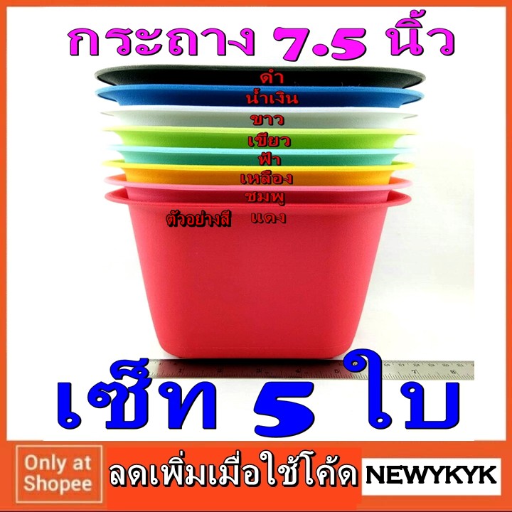 กระถาง เซ็ท 5ใบ ปลูกต้นไม้ ใหญ่ 7.5นิ้ว สีสวย ปลูกได้จนโต พลาสติก ทรง เหลี่ยม เมล็ด พันธุ์ สวนครัว สลัด แคคตัส ต้นจริง