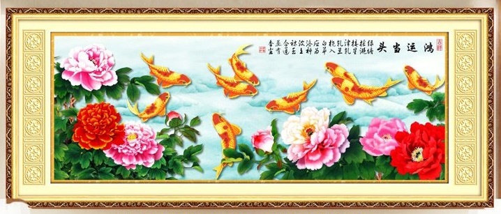 ปลาคราฟมงคล ดอกโบตั๋น ชุดปักครอสติส พิมพ์ลาย ครอสติสจีน งานฝีมือทำที่บ้าน DIY