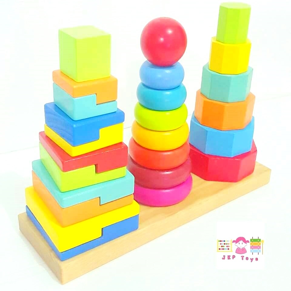 ของเล่นเสริมพัฒนาการ ของเล่น ของเล่นไม้ บล็อคไม้สวมหลัก 3 เเถวขนาดใหญ่