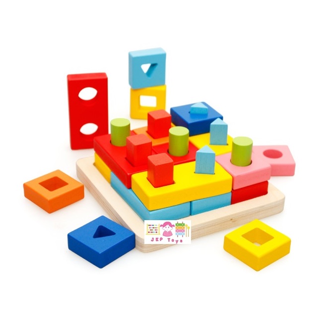 บล็อคไม้สวมหลักรูปทรงกึ่งจิ๊กซอ สื่อการเรียนการสอน ใช้ในโรงเรียนแบบ Montessori