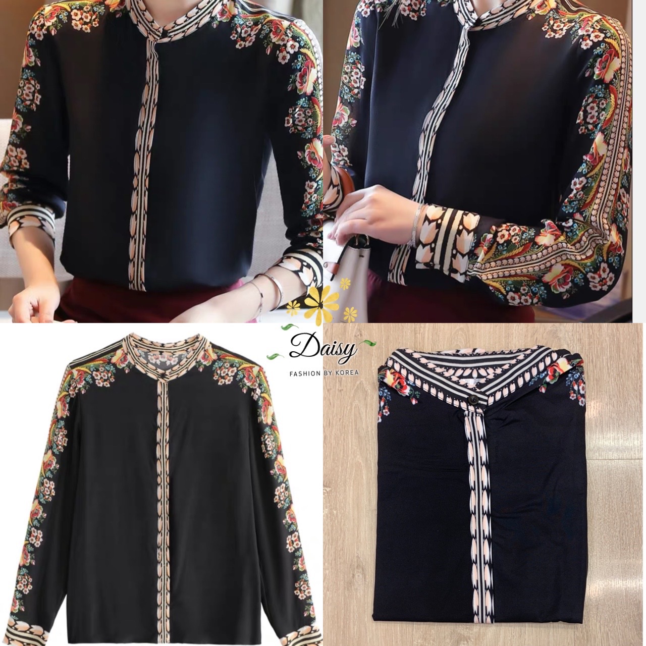 Sale++#Daisy B3567 เสื้อแขนยาวคอจีน ผ้าซาตินซิลค์พิมพ์ลายแถบสวยค่ะ เสื้อกระดุมหน้า ผ้านิ่มใส่สบาย ทรงใส่ง่าบ แมทช์ได้หลายชุดค่ะ 🌟สีดำ 🎗ไซส์ 🎗อก 40” 🎗ยาว 25”