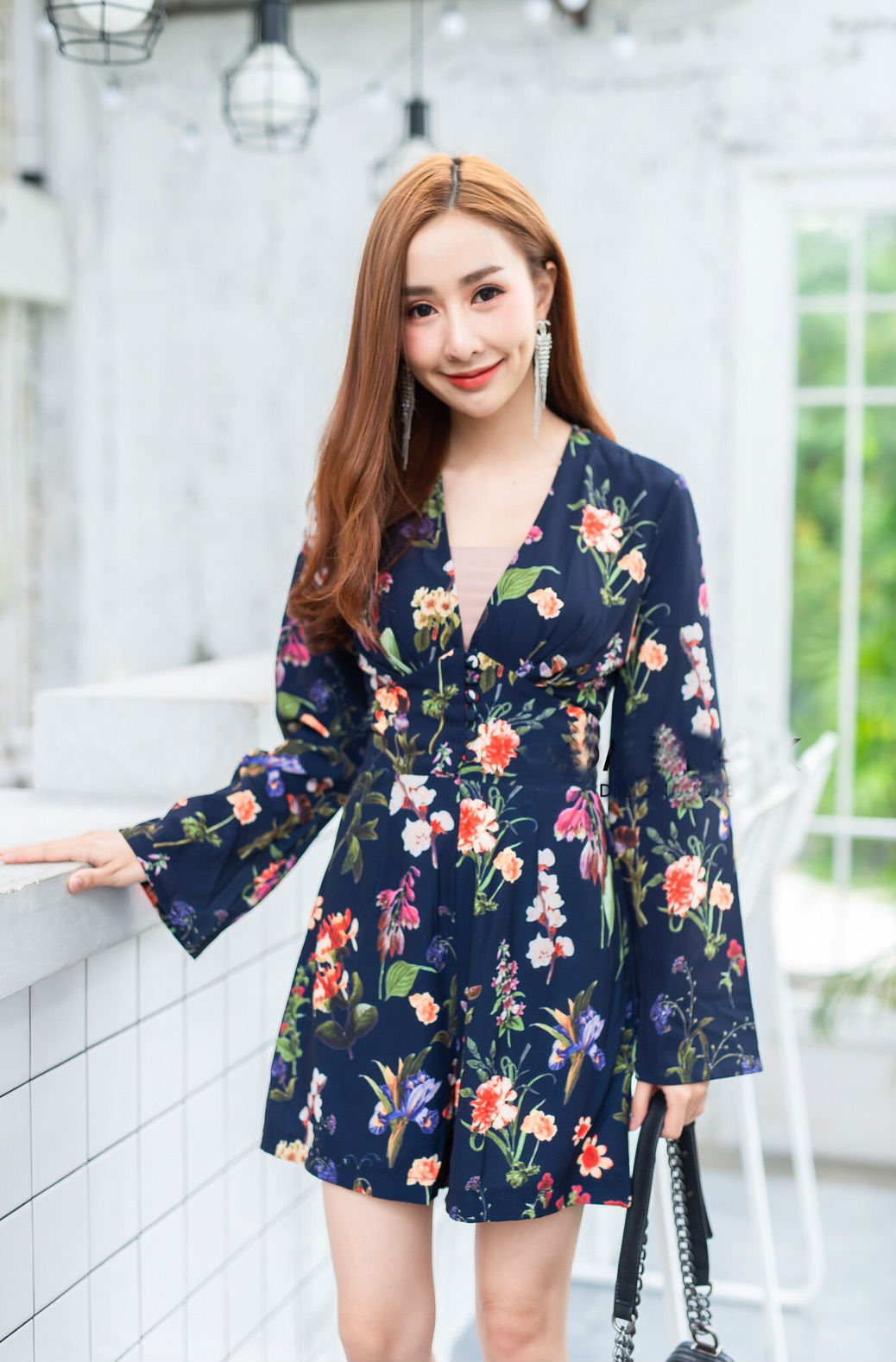 JS0034 เสื้อผ้าแฟชั่น เสื้อผ้าเกาหลี เสื้อผ้าแฟชั่นเกาหลี ชุดจั๊มสูท จั๊มสูทขาสั้น จั๊มสูทกางเกง จั๊มสูทลายดอก ชุดออกงาน ชุดทำงาน (สีกรม)