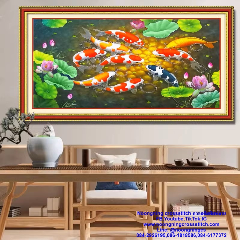 ปลาคราฟมงคล ดอกบัว ชุดปักครอสติส พิมพ์ลาย ครอสติสจีน งานฝีมือทำที่บ้าน DIY