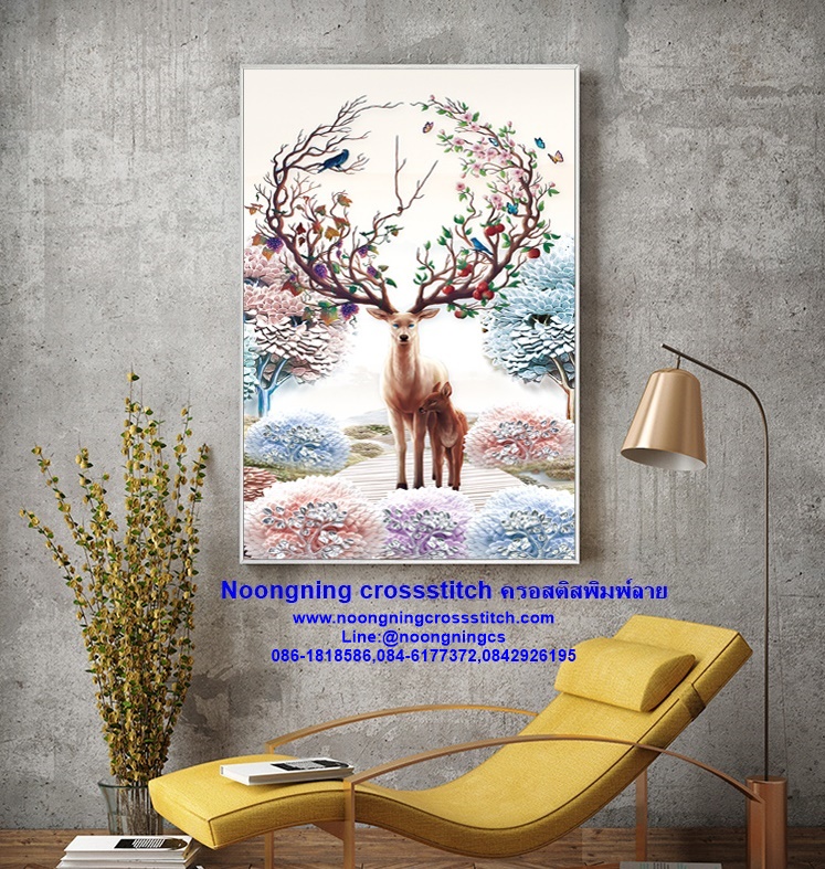 กวางแม่ลูกมงคล ชุดปักครอสติส พิมพ์ลาย ครอสติสจีน งานฝีมือทำที่บ้าน DIY