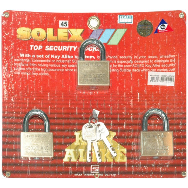 แม่กุญแจ กุญแจคล้อง กุญแจ กุญแจ KA SOLEX KA45/3 45MM PB 3ตัว/ชุด