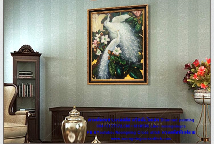 นกยูงคู่ ครอสติสคริสตัล Diamond painting โมเสก ภาพติดเพชร งานฝีมือ DIY