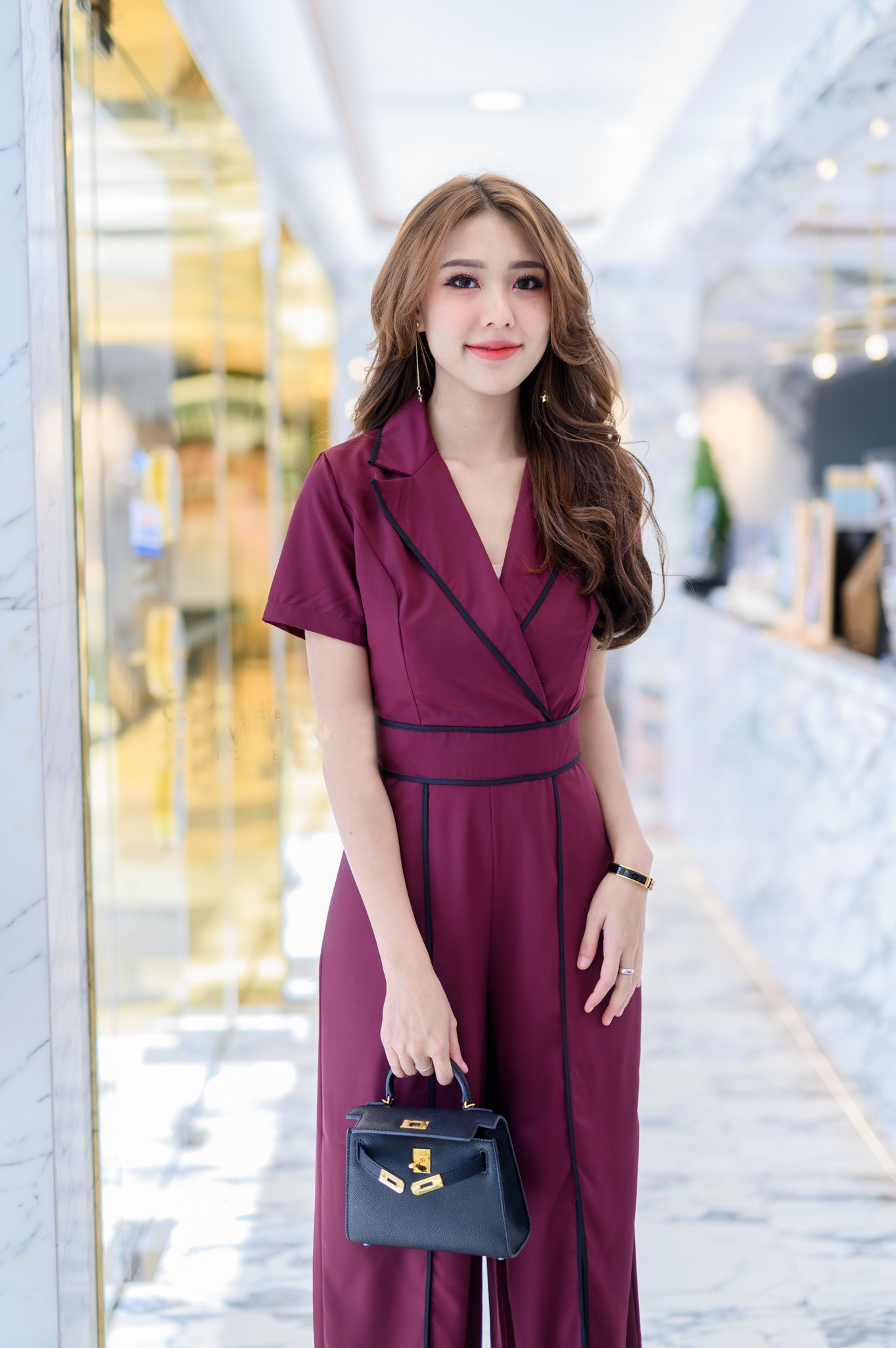 JS0109 จั๊มสูท จั๊มสูทขายาว จั๊มสูทออกงาน จั๊มสูททำงาน (แดงเลือดหมู)