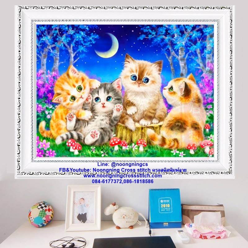 ฝูงแมวเหมียว ครอสติสคริสตัล Diamond painting โมเสก ภาพติดเพชร งานฝีมือทำที่บ้าน DIY