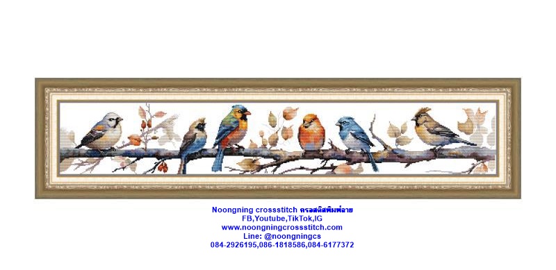 ฝูงนก เกาะกิ่งไม้ ชุดปักครอสติส พิมพ์ลาย ครอสติสจีน งานฝีมือทำที่บ้าน DIY