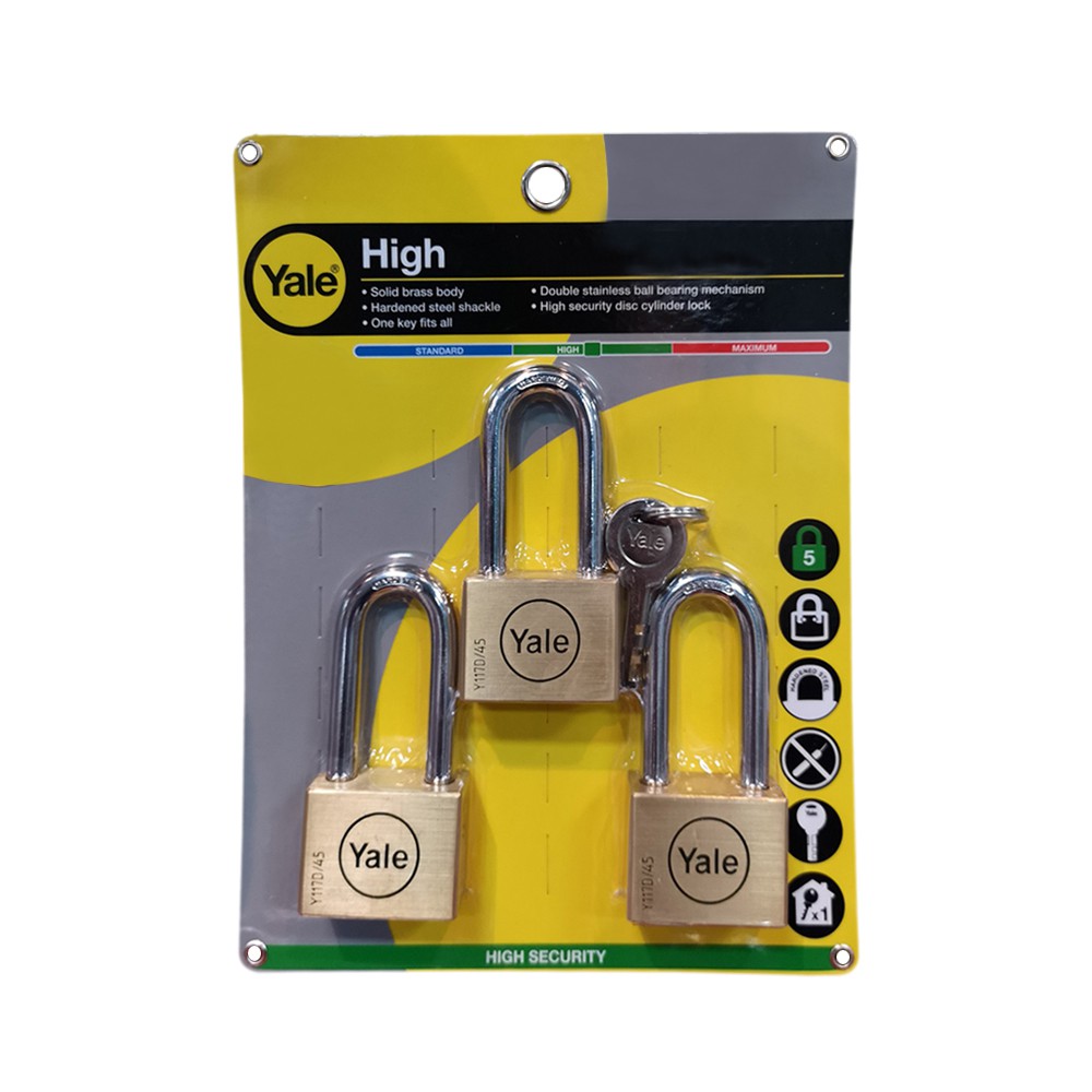 แม่กุญแจ กุญแจคล้อง กุญแจ กุญแจ KEY ALIKE YALE BD45P3L- 45 mm. POLISHED BRASS 3ตัว/ชุด