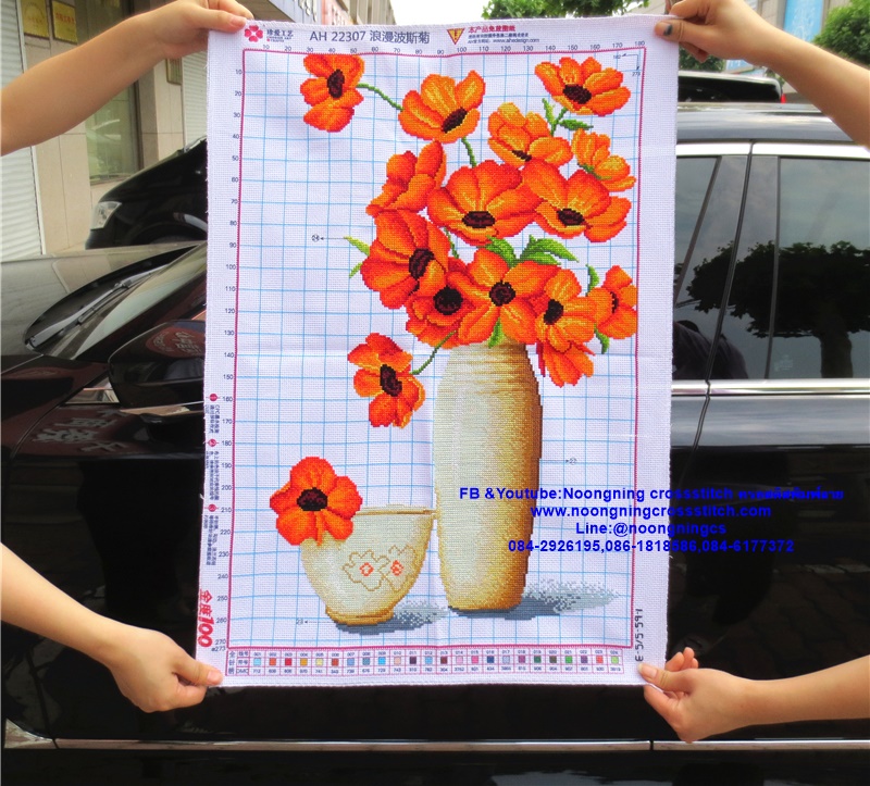 แจกันดอกป๊อปปี้ ครอสติสปักสำเร็จ60x40cm ไม่รวมกรอบ งานฝีมือ DIY