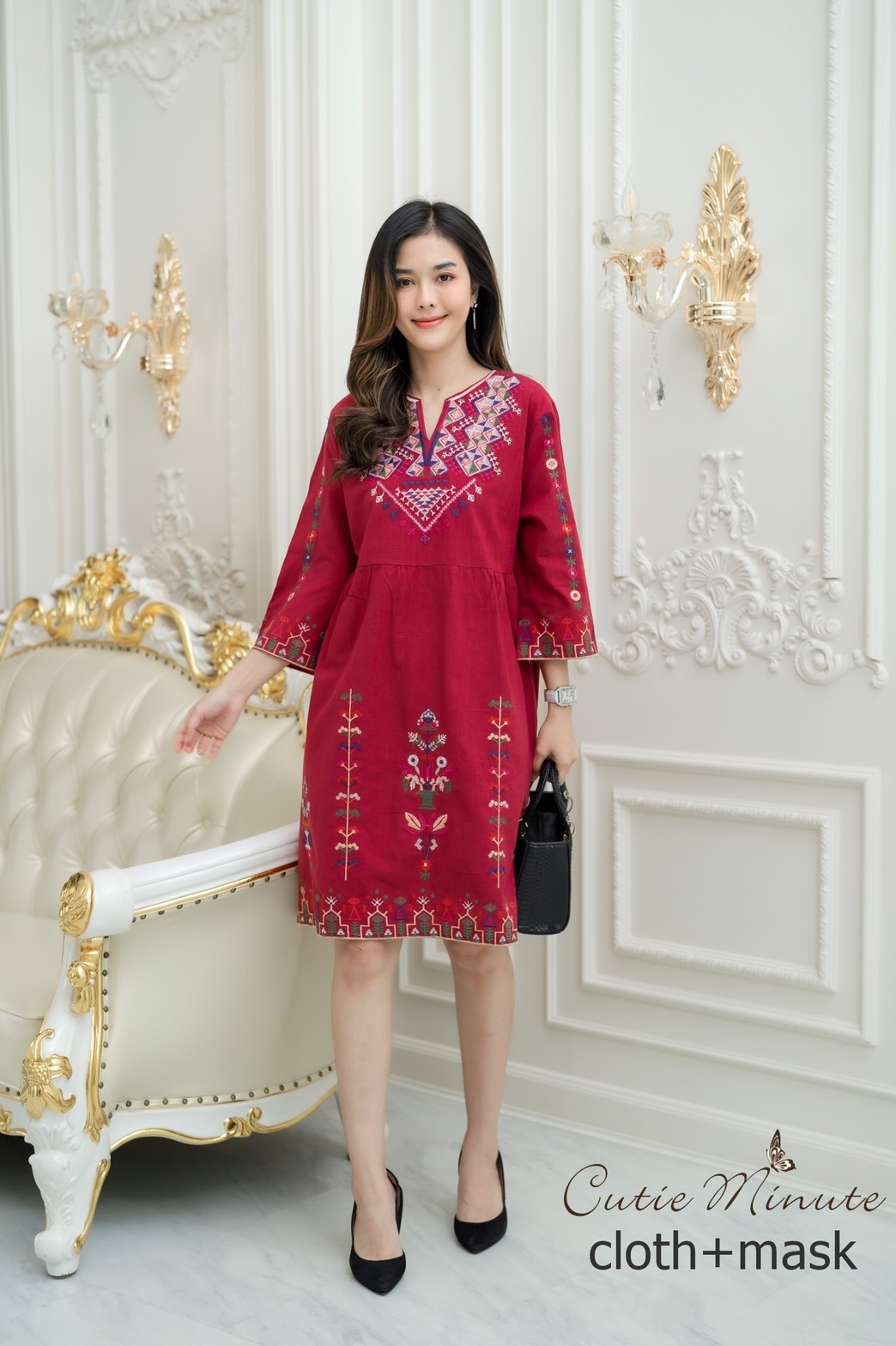 Sale++#CUTIE MINUTE 14041 เดรสลินิน+Maskผสมผ้าฝ้ายญี่ปุ่นเกรดพรีเมี่ยม งานปักอลังการทั้งตัว ทรงปล่อยๆสบายๆ ชุดใส่ง่าย ใส่เที่ยว ใส่อยู่บ้านตอนรับซัมเมอร์ได้สบายๆเลยค่ะ ** Mask ทรงสวยปรับเข้ากับโครงหน้า ใส่แล้วหน้าดูเรียวยาว ใช้ผ้ามัสลินอย่างดีซับด้านใน**