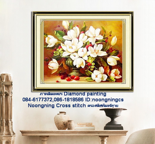 นกยูงคู่ดอกโบตั๋น ครอสติสคริสตัล Diamond painting โมเสก ภาพติดเพชร งานฝีมือ DIY