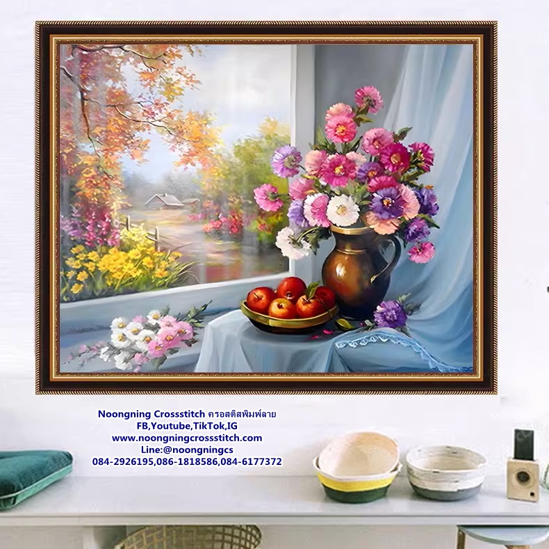 แจกันดอกไม้สวยงาม ชุดปักครอสติช พิมพ์ลาย ครอสติสจีน งานฝีมือ DIY
