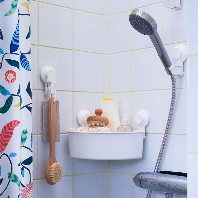 ชั้นวางของเข้ามุมติดผนังหัองน้ำ แบบไม่เจาะ ตะกร้าวางของในห้องน้ำ ตะกร้าใส่แชมพู ตะกร้าใส่สบู่ ตะกร้าติดผนังห้องน้ำ สีขาว