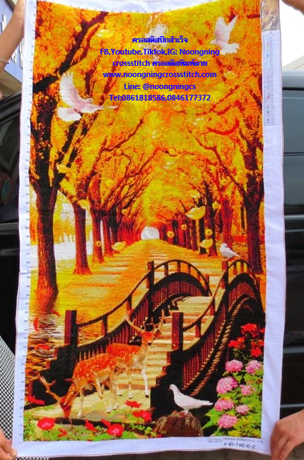 ต้นไม้ทอง กวางคู่ พิราบ สะพาน ครอสติสปักสำเร็จ140x75cm ไม่รวมกรอบ งานฝีมือ DIY