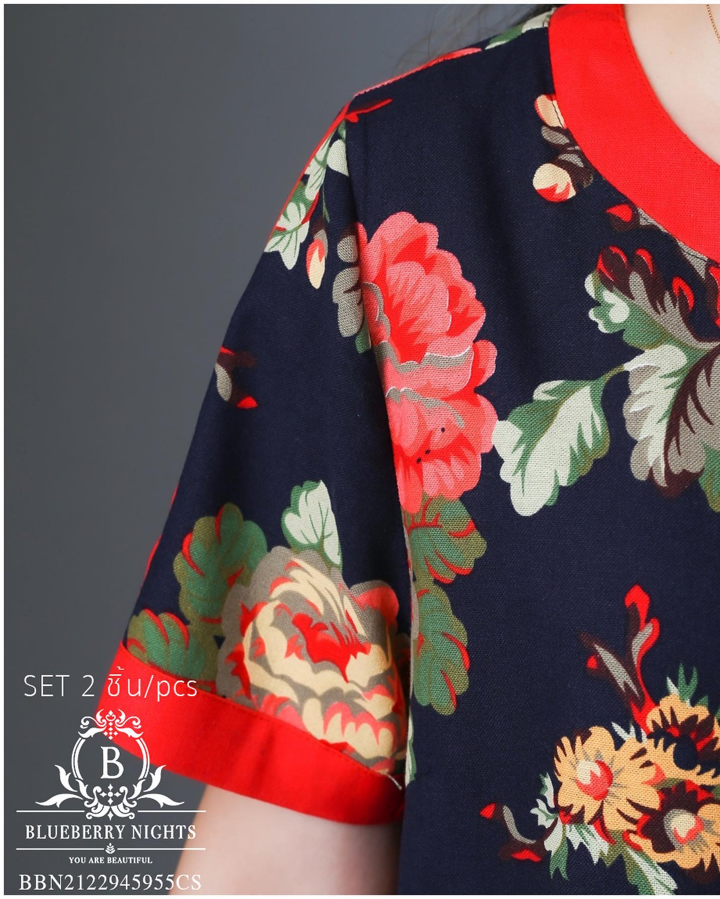 Sale++#Blueberry Nights 14126 NEW ต้อนรับเทศกาลตรุษจีน 🧧 ☆ SET : 2ชิ้น / 2PIECES ☆ ชุดเซ็ตผ้าฝ้ายธรรมชาติ เสื้อผ้าฝ้ายธรรมชาติเนื้อดีเกรดพรีเมี่ยม เนื้อผ้านุ่มใส่สบายมากๆๆ ดีเทลพิมพ์ลายสีสันสดใส แพทเทิร์นกางเกงสีพื้นขายาว เอวยางยืดอิ