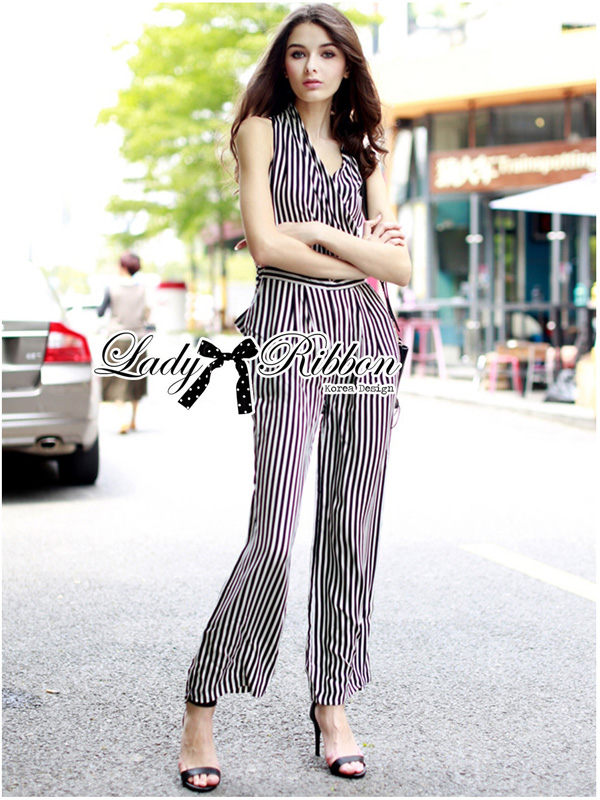 SaLe+++#Lady Ribbon's D7265 Lady Kate Minimal Chic Striped Jumpsuit with Bow จัมป์สูทลายทางประโบผูกช่วงเอว ตัวนี้ใส่แล้วดูสูงยาวเข่าดีมากๆค่ะ เพราะเป็นลายทางยาว ทำให้ดูสูงขึ้น ตัวเสื้อด้านบนเป็นแขนกุด ประดับโบผูกช่วงเอว ขายาวเป็นทรงหลวมๆ ใส่ง่ายไม่รั
