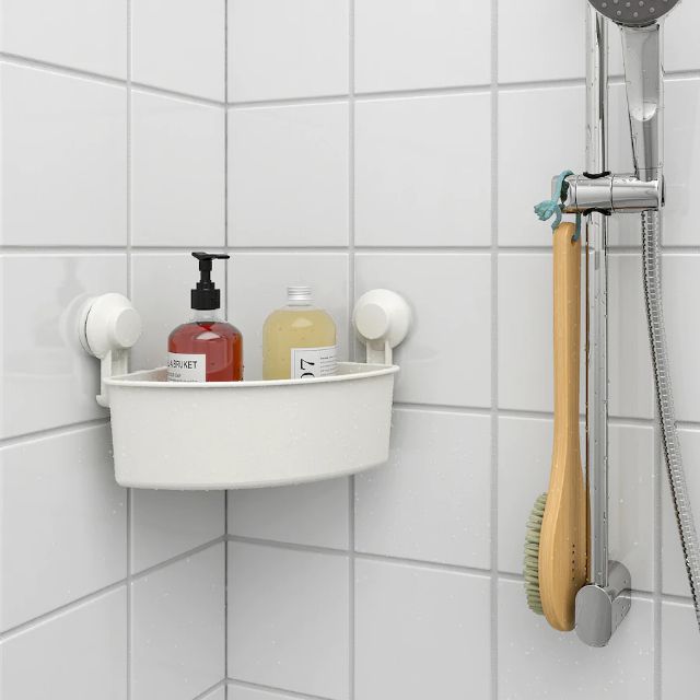ชั้นวางของเข้ามุมติดผนังหัองน้ำ แบบไม่เจาะ ตะกร้าวางของในห้องน้ำ ตะกร้าใส่แชมพู ตะกร้าใส่สบู่ ตะกร้าติดผนังห้องน้ำ สีขาว