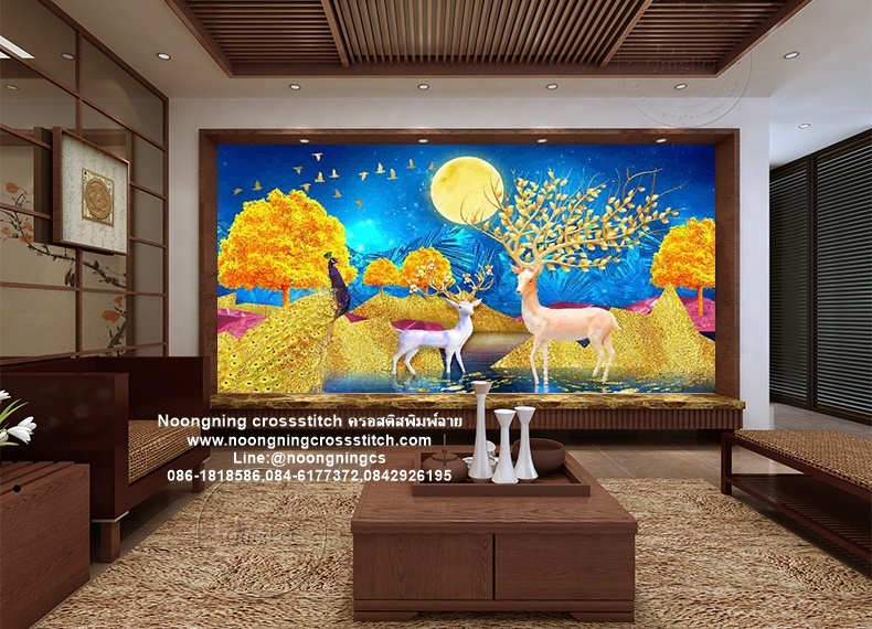 กวางแม่ลูก นกยูงทองมงคล ชุดปักครอสติส พิมพ์ลาย ครอสติสจีน งานฝีมือทำที่บ้าน DIY