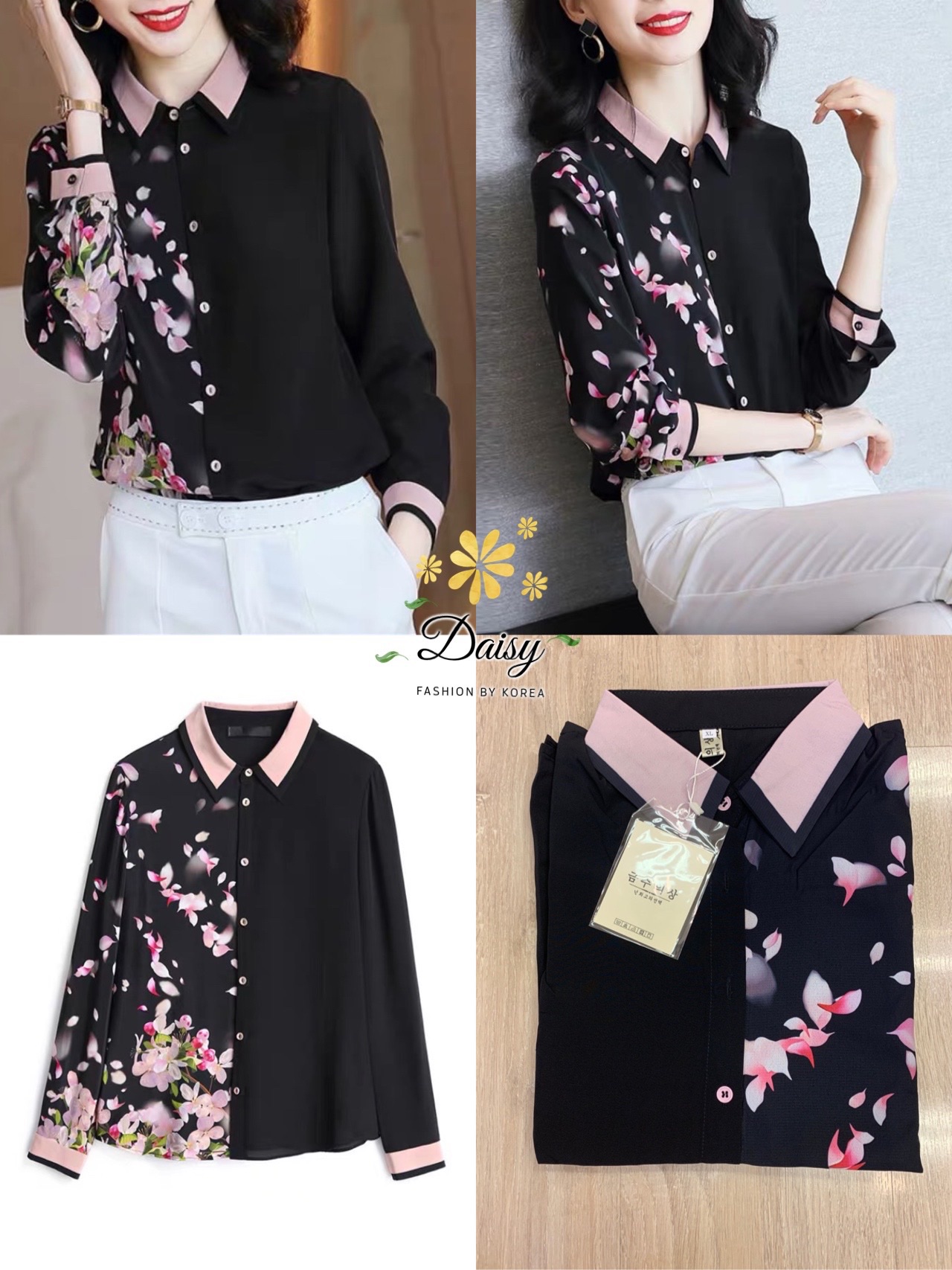 SaLe++B3575 เสื้อเชิ้ตคอปก ปกพิมพ์สีทูโทนค่ะ ผ้าซาตินซิลค์เนื้อสวยใส่สบาย พิมพ์ลายสวย ชุดกระดุมหน้า แมทง่ายใส่เข้ากับทุกชุดค่ะ 🌟สีดำ ลายกลีบดอกไม้ 🎗ไซส์ 🎗อก 38” 🎗ยาว 24”