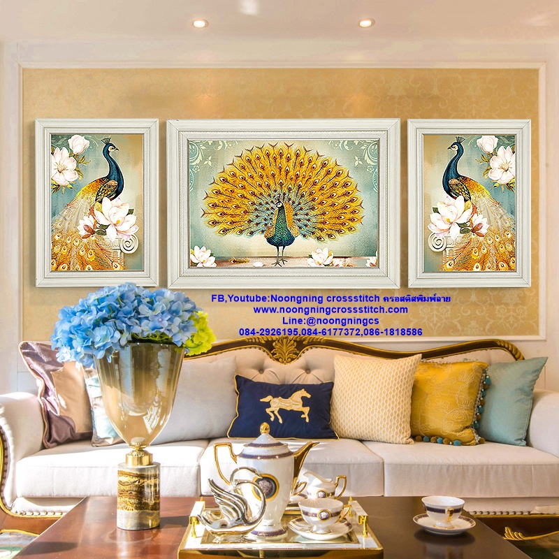 นกยูงทอง ชุดปักครอสติส พิมพ์ลาย ครอสติสจีน งานฝีมือทำที่บ้าน DIY