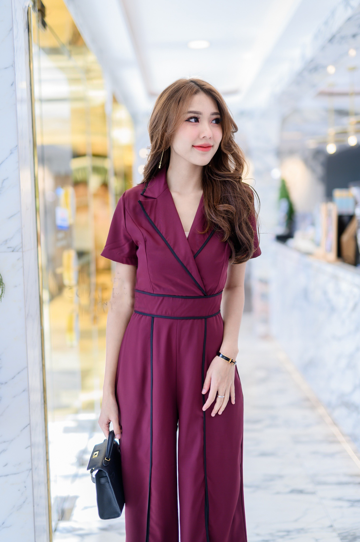 JS0109 จั๊มสูท จั๊มสูทขายาว จั๊มสูทออกงาน จั๊มสูททำงาน (แดงเลือดหมู)