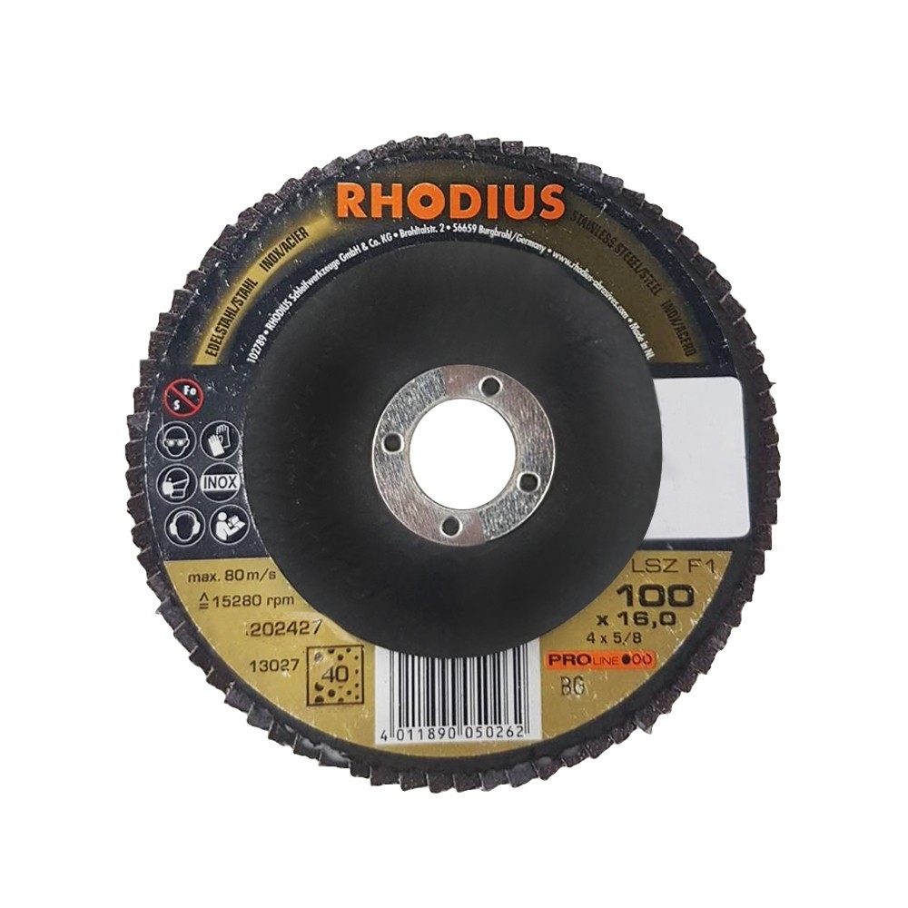 เครื่องมือช่าง สว่าน ดอกสว่าน แผ่นเจียร์กระดาษทรายกลม RHODIUS #40 4นิ้ว FLAP DISC RHODIUS #40 4"