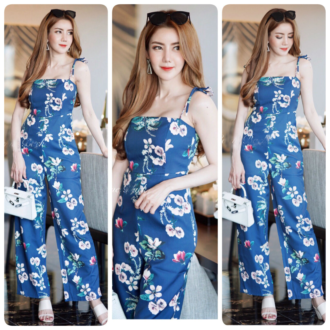 JS0079 จั๊มสูทขายาว จั๊มสูทออกงาน จั๊มสูทเกาหลี จั๊มสูทลายดอก จั๊มสูทแฟชั่น (สีน้ำเงิน)