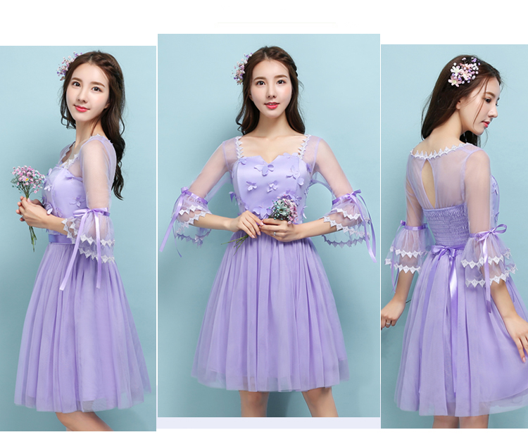 ชุดราตรีสั้นสีม่วง คอกลมแขน5ส่วน ผ้าซีทรูทั้งชุด