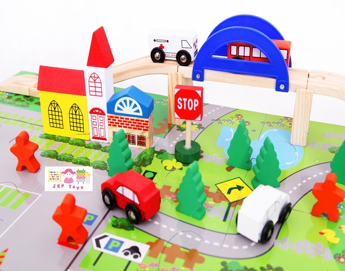 บล็อกไม้สร้างถนนเเละสวนหย่อม ชุด Rail Overpass 40 ชิ้น