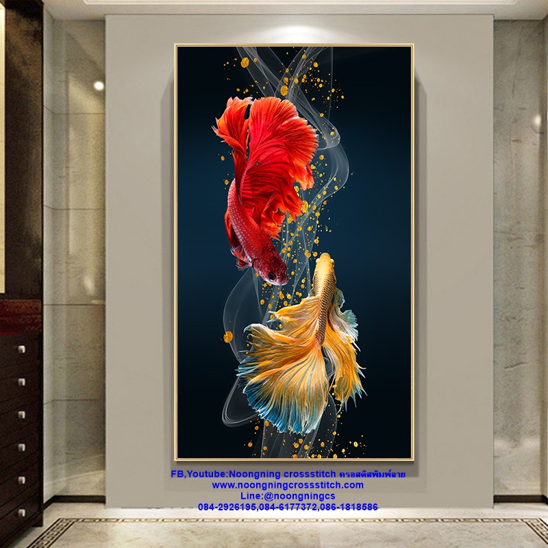 ปลากัดคู่ มงคล ชุดปักครอสติส พิมพ์ลาย ครอสติสจีน งานฝีมือทำที่บ้าน DIY