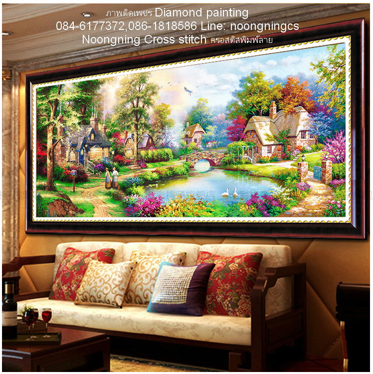นกยูงคู่ดอกโบตั๋น ครอสติสคริสตัล Diamond painting โมเสก ภาพติดเพชร งานฝีมือ DIY