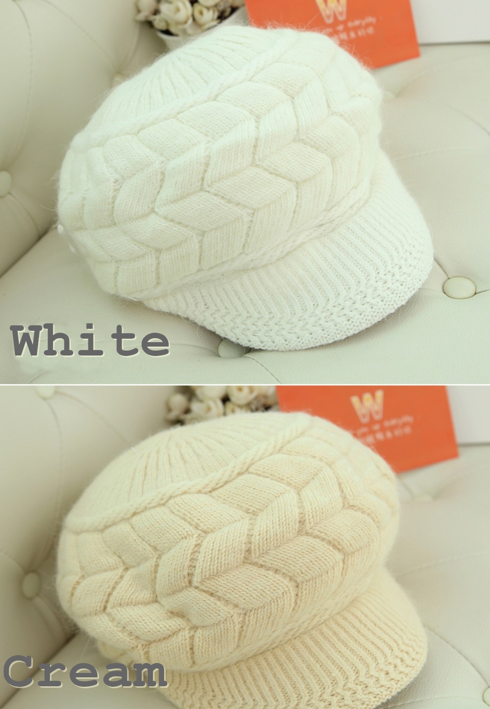 หมวกไหมพรมทรงเเก็ปสีครีมสวยหรูด้านในบุขน(พร้อมส่ง)(Free Size)