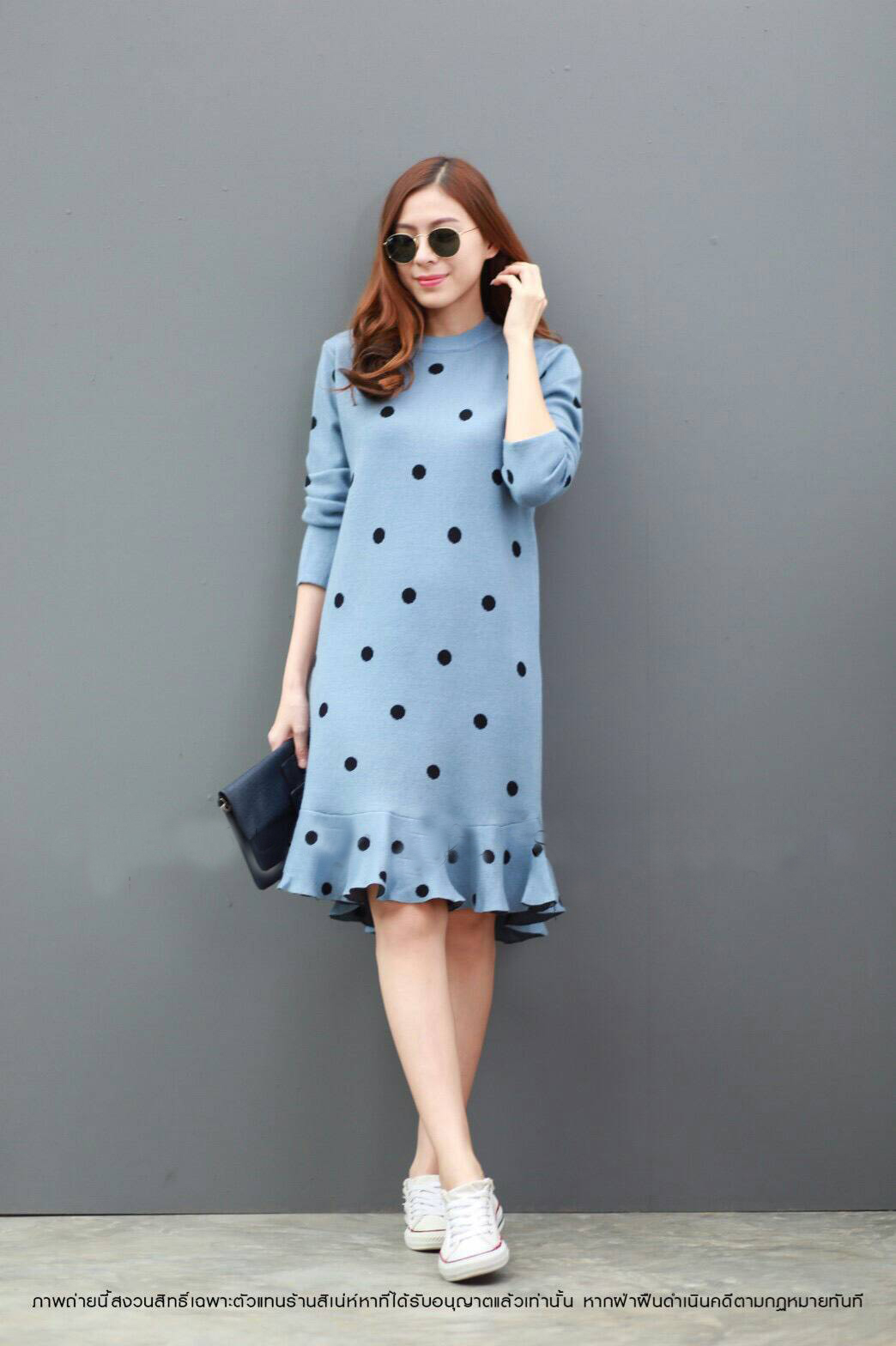 DS0113 เดรสไหมพรม เดรสแฟชั่น เดรสเกาหลี มินิเดรส เดรสสั้น (ฟ้าอมเทา)