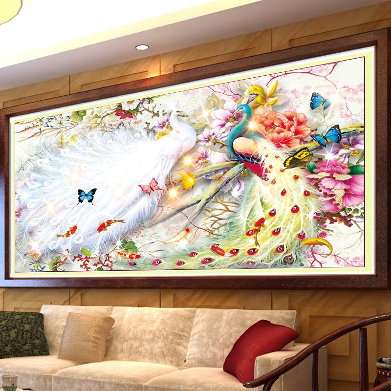 นกยูงคู่ มงคล ชุดปักครอสติส พิมพ์ลาย ครอสติสจีน งานฝีมือทำที่บ้าน DIY
