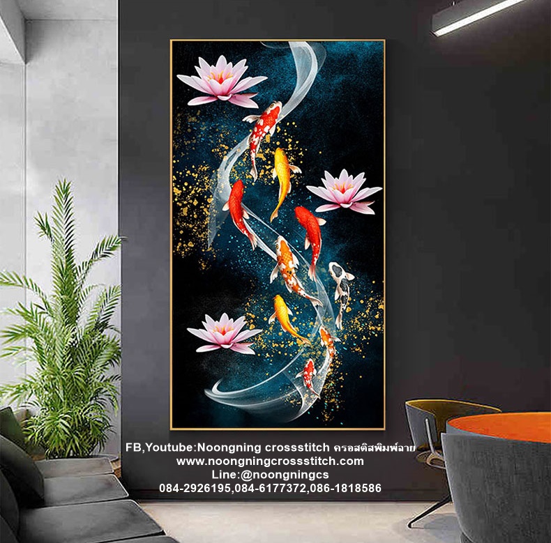ปลาคราฟ ดอกบัวมงคล ชุดปักครอสติส พิมพ์ลาย ครอสติสจีน งานฝีมือทำที่บ้าน DIY