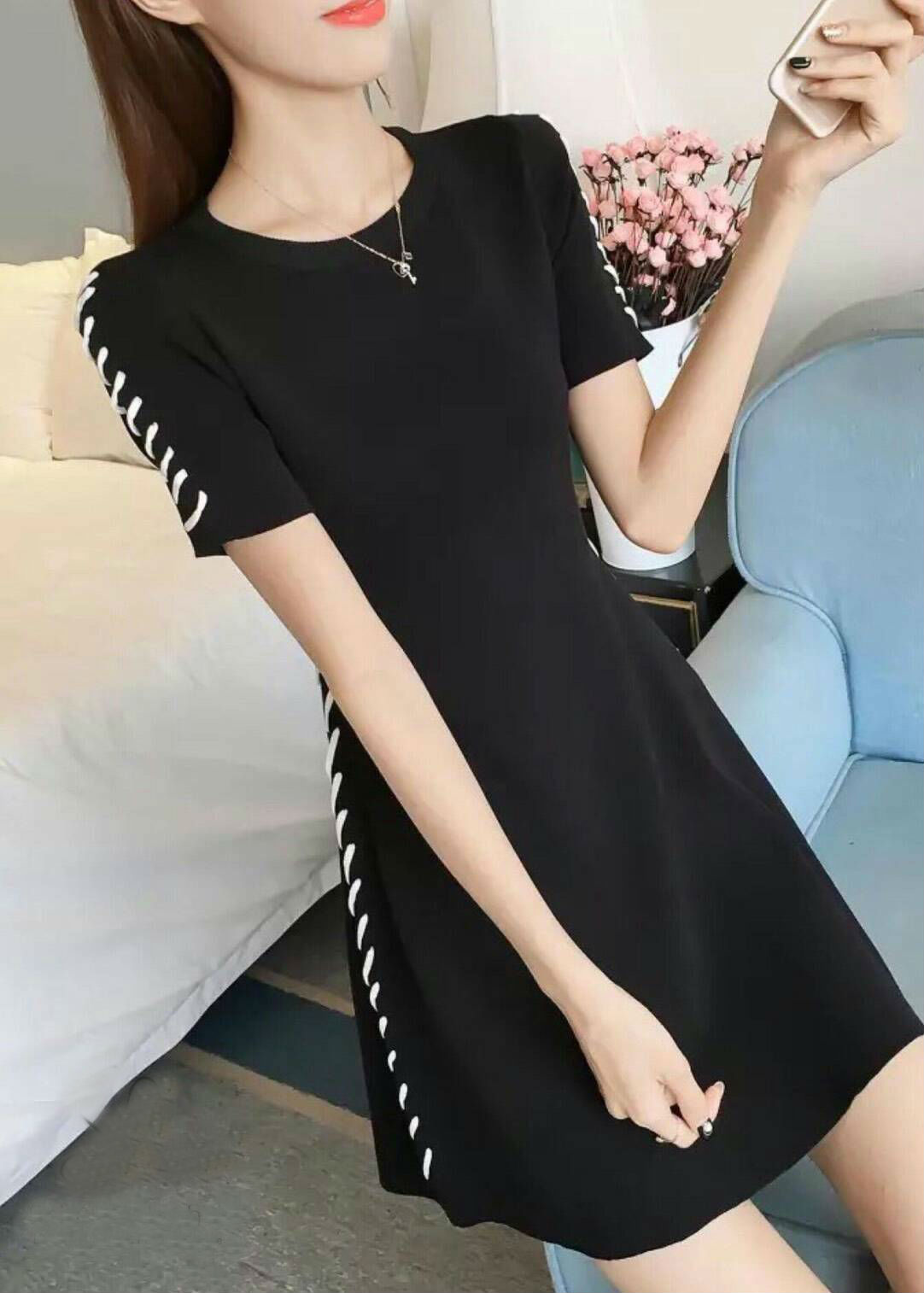 DS0048 เดรสแฟชั่นเกาหลี เดรสไหมพรม เดรสใส่ออกงาน เดรสลำลอง เดรสใส่เที่ยว เดรสใส่ไปงาน เดรสทำงาน เดรสสีดำ