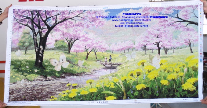 สวนซากุระ ริมน้ำ ครอสติสปักสำเร็จ150x60cm ไม่รวมกรอบ งานฝีมือ DIY