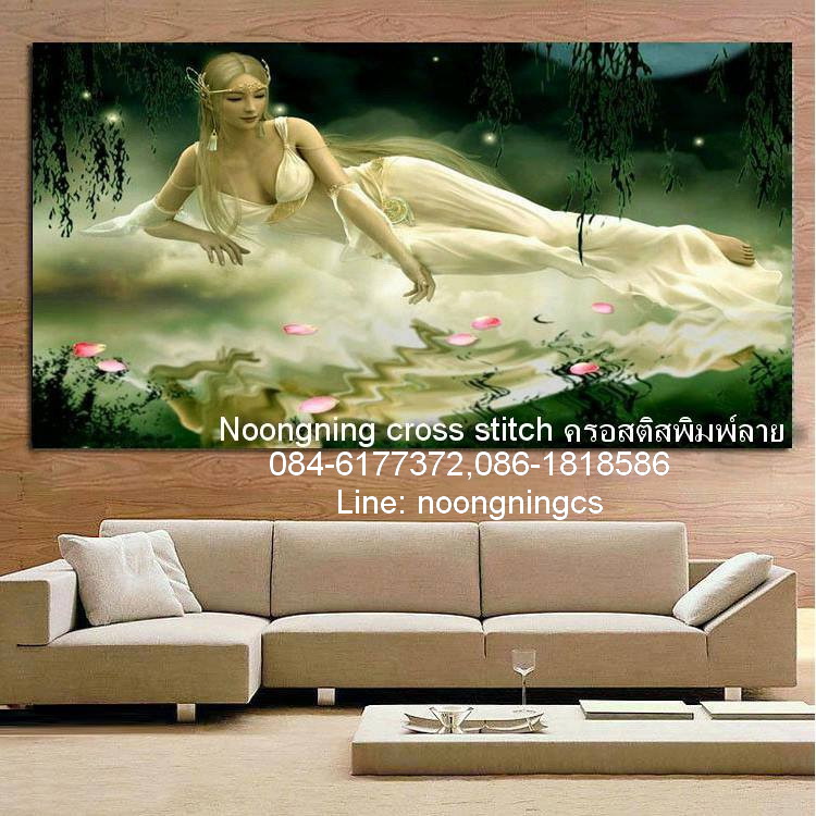 นางในสระน้ำ ชุดปักครอสติช พิมพ์ลาย ครอสติสจีน งานฝีมือ DIY