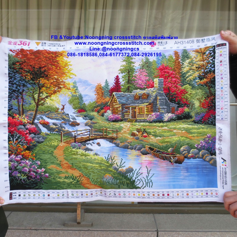 บ้านสวนริมน้ำ 3D ปักบางส่วน ครอสติสปักสำเร็จ70x56cm ไม่รวมกรอบ งานฝีมือ DIY