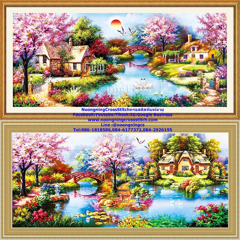 วิวบ้านริมน้ำ ชุดปักครอสติช พิมพ์ลาย ครอสติสจีน งานฝีมือ DIY