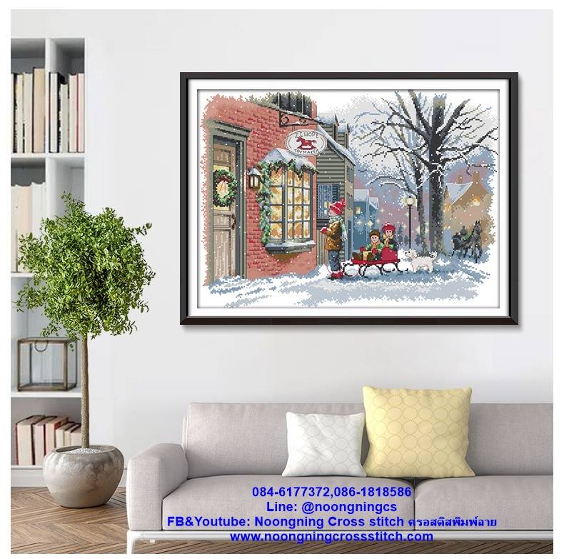 นั่งรถม้า เมืองหิมะ ชุดปักครอสติส พิมพ์ลาย ครอสติสจีน งานฝีมือทำที่บ้าน DIY