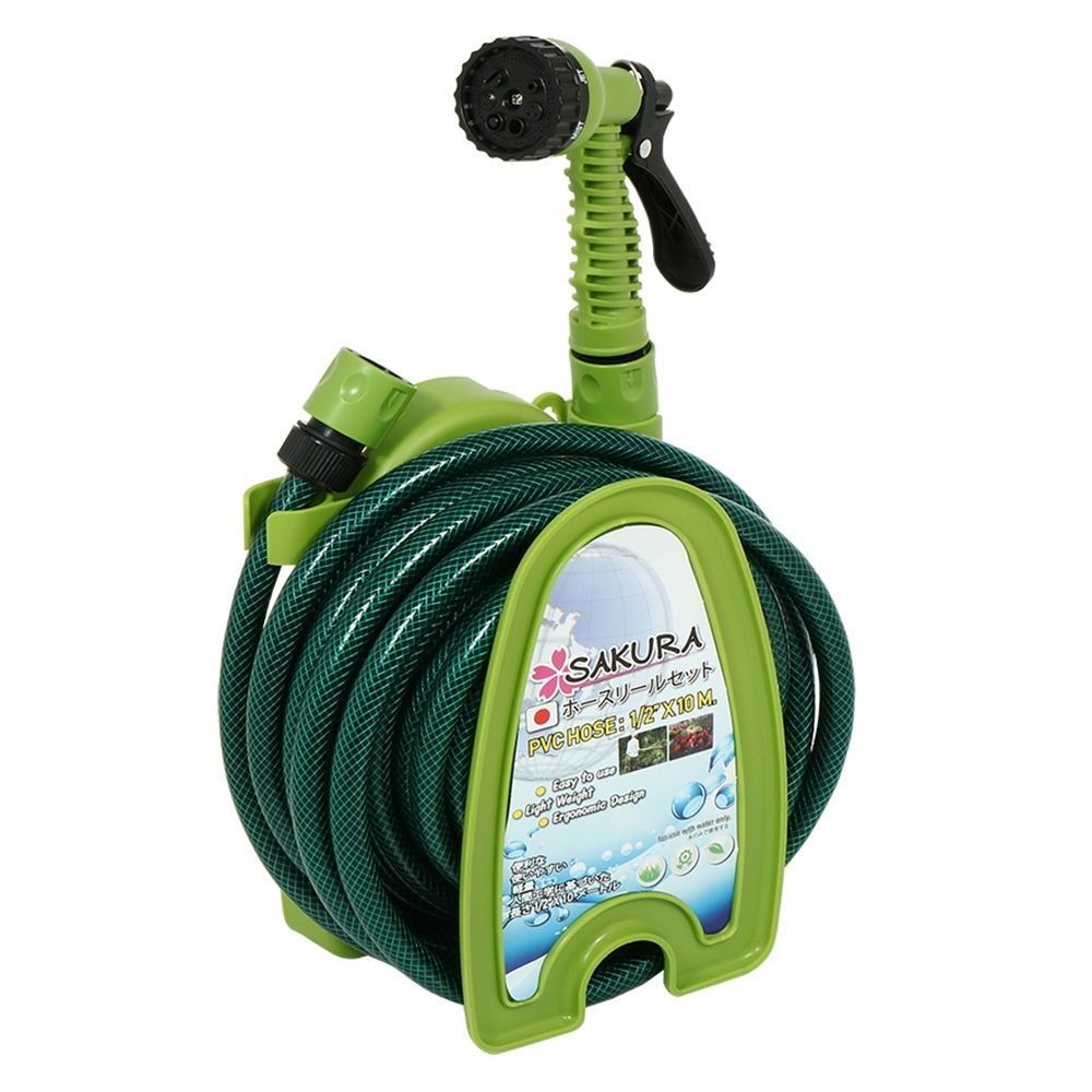 สายยางโรล ติดผนัง+ตั้งพื้น SAKURA DGS2001 1/2 นิ้วx10 ม. สีเขียว MINI HOSE REEL SAKURA DGS2001 1/2"x10M GREEN