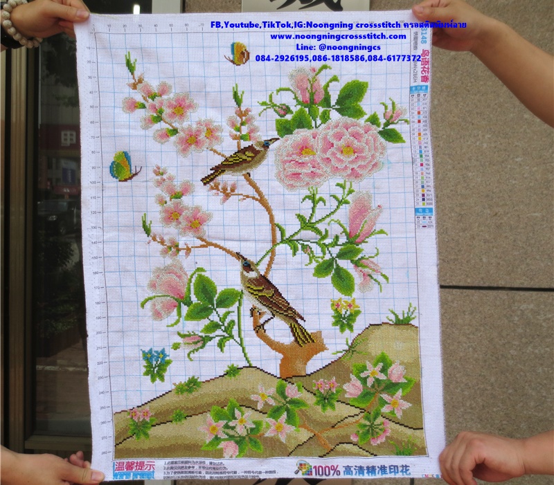 นกคู่ ดอกไม้ 70x50cm ครอสติสปักสำเร็จ ไม่รวมกรอบ งานฝีมือ DIY