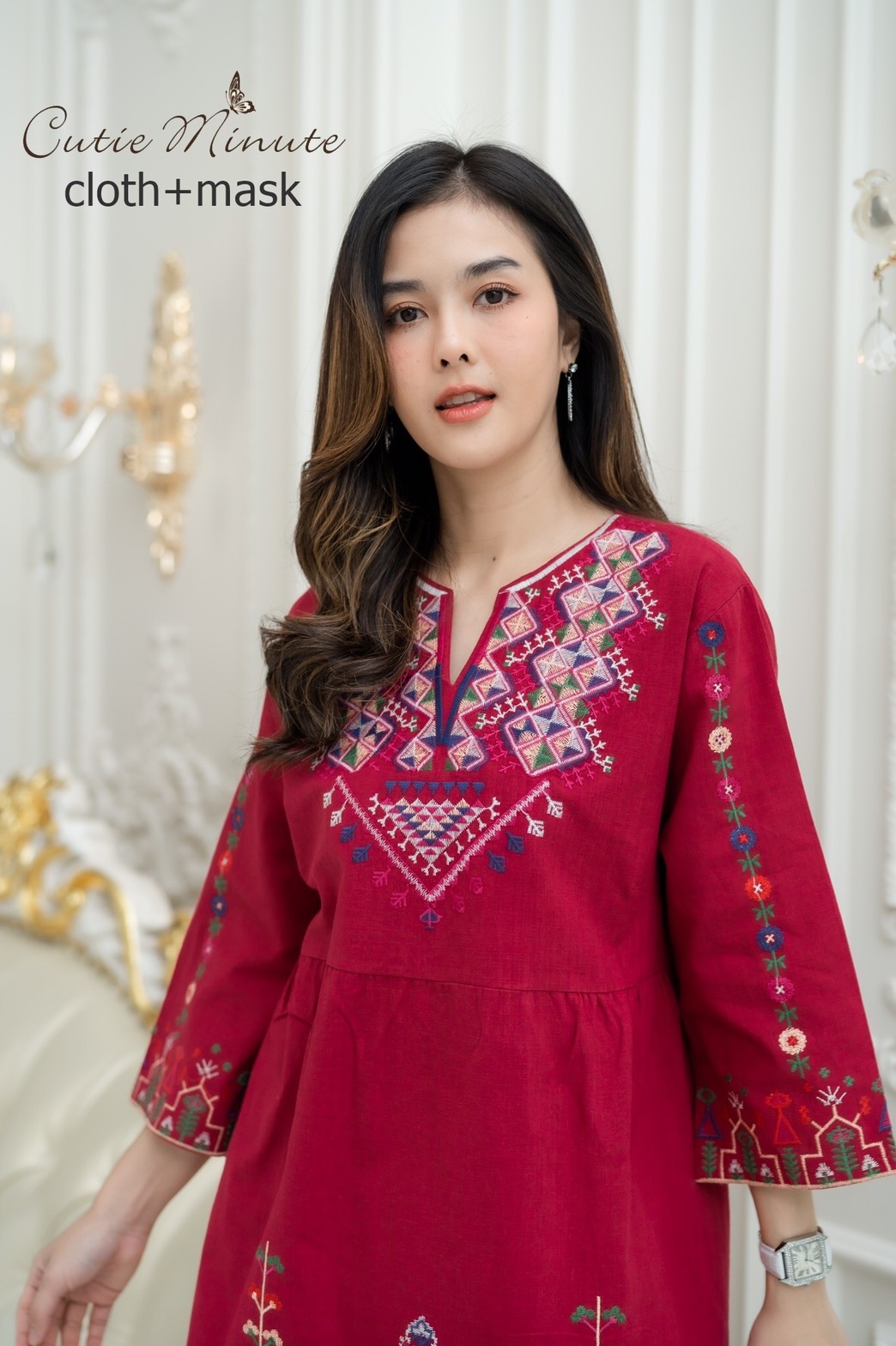 Sale++#CUTIE MINUTE 14041 เดรสลินิน+Maskผสมผ้าฝ้ายญี่ปุ่นเกรดพรีเมี่ยม งานปักอลังการทั้งตัว ทรงปล่อยๆสบายๆ ชุดใส่ง่าย ใส่เที่ยว ใส่อยู่บ้านตอนรับซัมเมอร์ได้สบายๆเลยค่ะ ** Mask ทรงสวยปรับเข้ากับโครงหน้า ใส่แล้วหน้าดูเรียวยาว ใช้ผ้ามัสลินอย่างดีซับด้านใน**